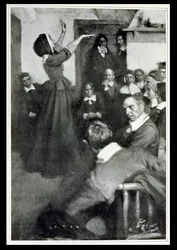 Anne Hutchinson predikt in haar huis in Boston, 1637, illustratie uit 