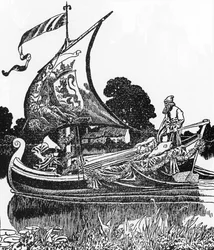 Arthurlegende: De boot van de doden brengt het lichaam van koning Arthur Illustratie door Howard Pyle (1853-1911) uit “Het verhaal van Sir Launcelot en zijn metgezellen” 1907 Privécollectie