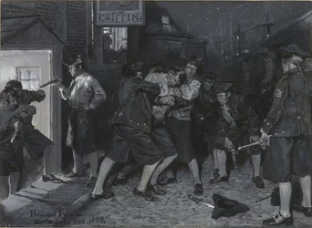 Bij het uithangbord van de Griffioen, tekening voor een illustratie bij het artikel „Oude koffiehuizen van New York“ van John Austin Stevens