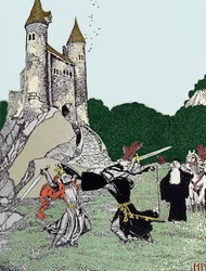 Strijd tussen koning Arthur en de zwarte ridder in aanwezigheid van Merlijn de tovenaar. Illustratie door Howard Pyle (1853-1911), Amerikaans illustrator