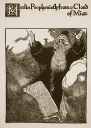 Merlijn voorspelt vanuit een mistwolk, illustratie uit 