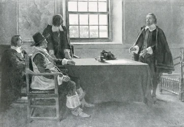 Sir William Berkeley geeft zich over aan de commissarissen van het Gemenebest, illustratie uit 