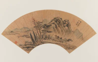 Landschap geschilderd op een waaier (inkt & kleur op goudgevlekt papier)