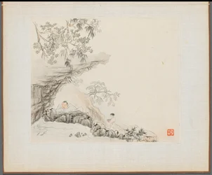 Album van Landschapsschilderijen die Oude Gedichten Illustreren: Een Man Ligt onder een Rotsachtige Overhang; een Jongen Staat aan zijn Rechterkant