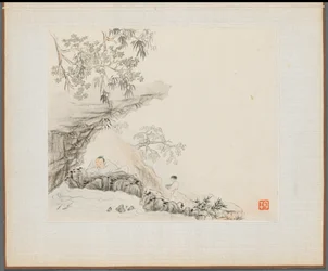 Album van Landschapsschilderijen die Oude Gedichten Illustreren: Een Man Ligt onder een Rotsachtige Overhang, 1700s