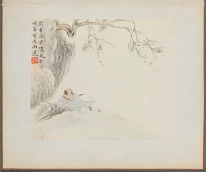 Album van Landschapsschilderijen ter Illustratie van Oude Gedichten: Een Man Ligt..., 1700s