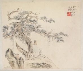 Album van Landschapsschilderijen die Oude Gedichten Illustreren: Een Oude Man Zit onder een Pijnboom, een Jongen is achter een Steen
