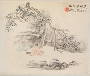 Album van Landschapsschilderijen die Oude Gedichten Illustreren: Twee Figuren Buiten: Een Luistert terwijl de Ander de Qin Speelt