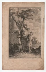 Jongen die een blinde man leidt (gravure)