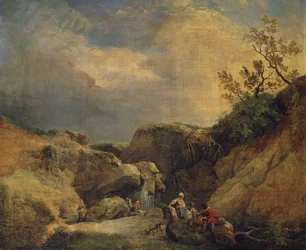 Een rotsachtig bebost landschap met reizigers die bij een waterval praten