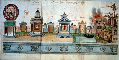 Frontispice die de passie en opstanding van Jezus Christus illustreert. Van links naar rechts: Paradijs (met een lege kamer), de poort van Nazareth, de tempel, de poort van Jeruzalem, het paleis (met het huis van raadsels), de Doree-poort, het voorgeborcht
