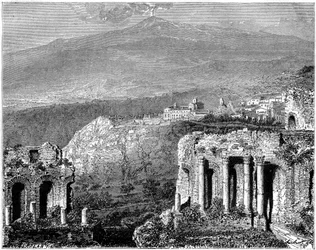 De Etna en een uitzicht op Taormina, Sicilië, Italië