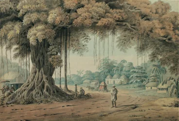 Draagstoel dragers en heilige mannen rustend onder een banyanboom bij de ingang van een dorp, Bengalen