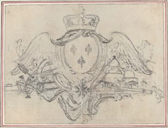 Wapen van de koning van Frankrijk met vleugels en wetenschappelijke instrumenten (grafiet, ingekrast voor overdracht op vergé papier; neergelegd)