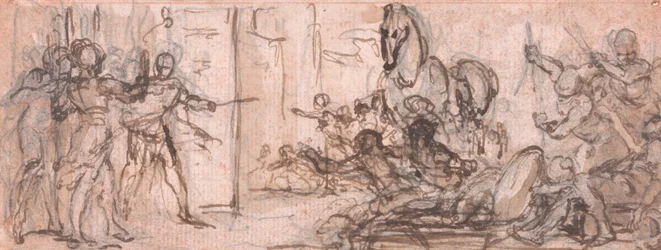 Ontwerp voor een gravure: Slag om Troje met het Paard van Troje