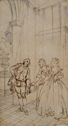 Literaire illustratie met heer en twee dames in interieur