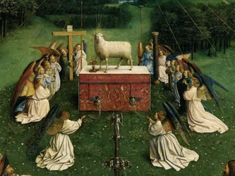 De Aanbidding van het Mystieke Lam, van het Lam Gods, detail van onderste helft van het centrale paneel