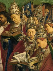 De aanbidding van het mystieke lam, detail van de onderste helft van het centrale paneel van het Gentse altaarstuk