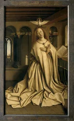 De engel Gabriël brengt de boodschap aan Maria, detail van het gesloten Gentse altaarstuk