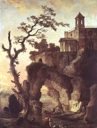 Architectonische ruïnes in een rotsachtig landschap