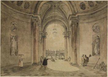 Doorkijk door het atrium van het casino naar het tuinparterre van Villa Albani