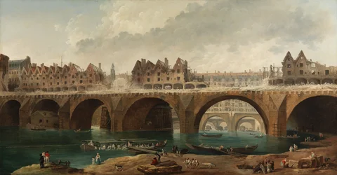De afbraak van de huizen op de Pont Notre-Dame in Parijs