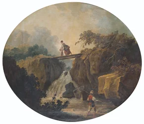Frans: Landschap van een waterval met een brug