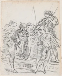 Groep mannelijke figuren in gesprek