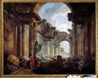 Denkbeeldig gezicht op de Grote Galerij van het Louvre in ruïnes, schilderij van Hubert Robert (1733-1808), zon, 1,14 x 1,46 m