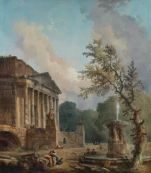 Landschap met ruïne van een Romeinse tempel
