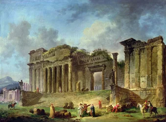 Man die de ruïnes van een klassieke tempel schetst