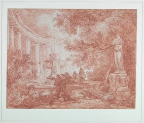 Park met fontein en standbeeld