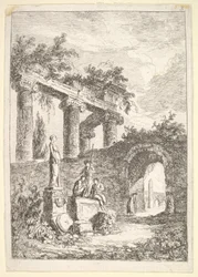 Plaat 3: Het Standbeeld Voor de Ruïnes: een standbeeld links naast drie figuren op een p..., ca. 1763-64