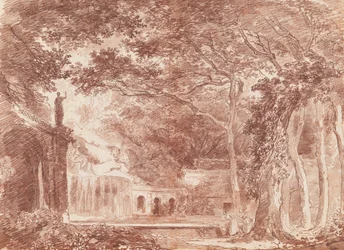 De ovale fontein in de tuinen van de Villa d