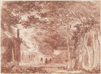 De ovale fontein in de tuinen van de Villa d