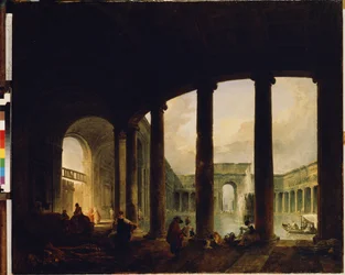 Een bassin omgeven door een colonnade