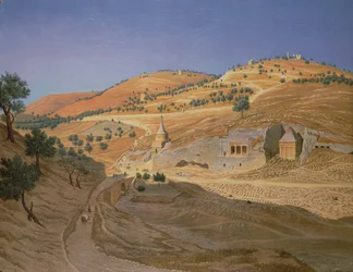 Heuvelachtig landschap met Arabieren en een verwoeste tempel