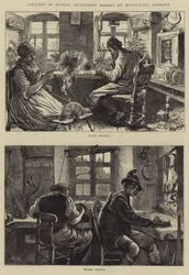 Schetsen van muziekinstrumentmakers in Mittenwald, Duitsland