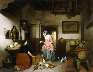 Interieur van een Provisiekamer met Vrouwen die Wild Schoonmaken, 1852