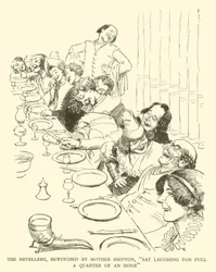 De feestvierders, betoverd door Moeder Shipton, "lachten een kwartier lang" (gravure)