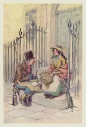 Trotty Veck, met zijn dochter Meg, dineren op de trappen (kleur litho)