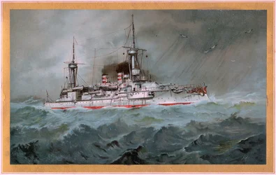 S.M.S. Linienschiff Brandenburg (wapenschild rode adelaar op wit schild, S.M.S. Wörth = zwarte keizer adelaar op gouden schild)