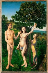 De zondeval. Adam en Eva verzocht door de slang (schilderij op eikenhout)