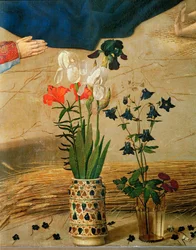 Vaas met witte, rode en blauwe lelies en iris (tempera op hout)