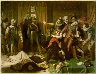 Moord op Hendrik III (1551-1589) door Jacques Clement (1567-1589), een Dominicaanse religieuze aanhanger van de Katholieke Liga, op 1 augustus