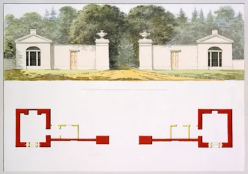 Elevatie- en grondplannen van voorgestelde nieuwe ingangspoort en lodges, uit het Rode Boek voor Antony House, c.1812