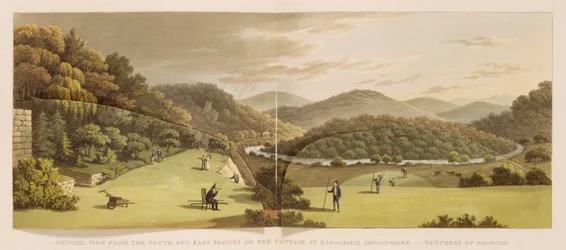 Algemeen gezicht op de zuid- en oostgevels van het huisje in Endsleigh, Devon (vóór), uit Fragments on the Theory and Practice of Landscape Gardening, gepubliceerd in 1816