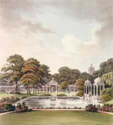 Uitzicht vanaf de koepel, Brighton Pavilion, gegraveerd door Joseph Constantine Stadler, gepubliceerd 1808