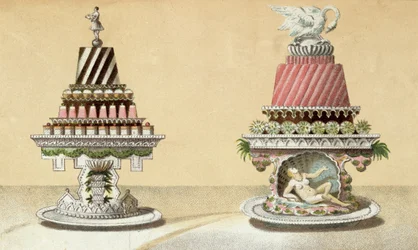 Ontwerp voor de presentatie van Charlottes a la Reine & Pain de Framboises a la Leda, illustratie uit een Hongaars kookboek over Franse keuken, ca. 1880