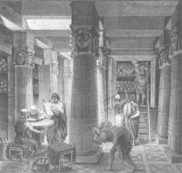 Imaginair hercreatie van de Ptolemeïsche bibliotheek in Alexandrië, Egypte, uit Histoire Generale des Peuples, 1880